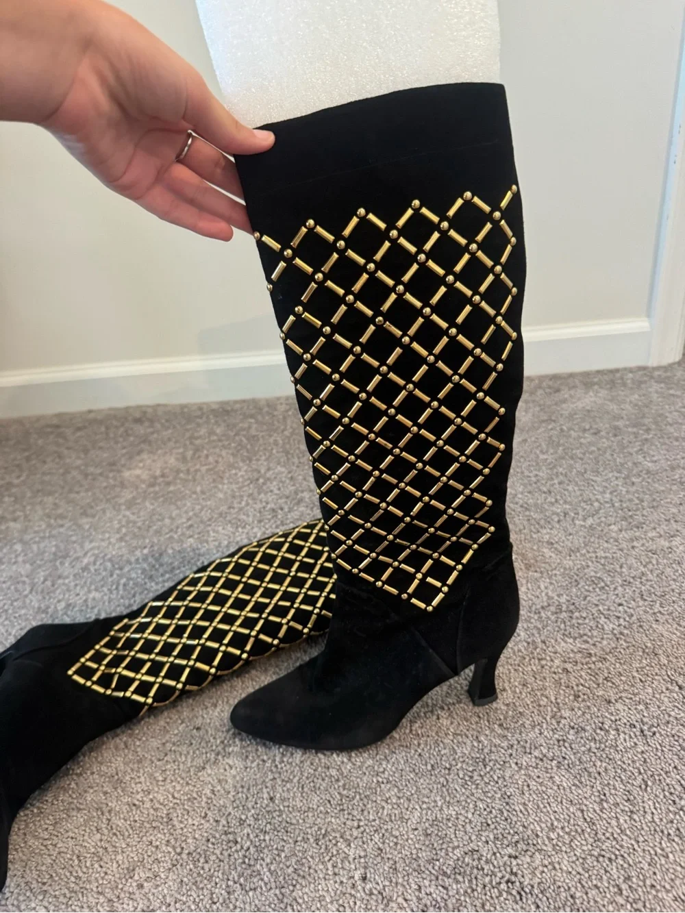Stuart Weitzman Black Suede Over-the-Knee Boots with Gold Stud Lattice